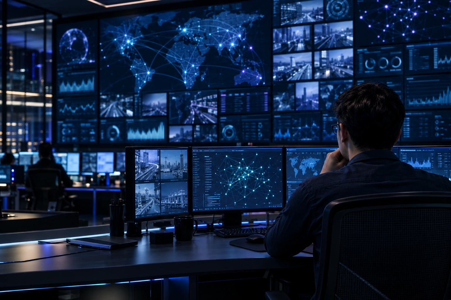 Representação de um centro de operações com painéis de monitoramento